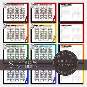 May include: Eight baseball fundraiser templates in different colours, such as red, yellow, green, and blue. Each template has a baseball graphic, a baseball bat, and a calendar grid for tracking donations. Text includes "Pick a Date to Donate" and "Baseball Fundraiser."