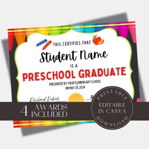 Plantilla editable de certificado de premio para preescolar, aula de primaria, premios de graduación, clase de estudiante de preescolar.