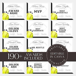 Editable Softball Awards Printable Softball Team Certificate Bundle Canva Template  Team Party Gift for Softball Player