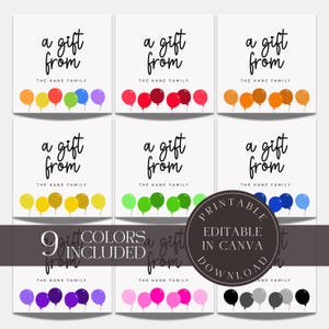 Schede di chiusura modificabili Etichette regalo stampabili Scheda palloncino arcobaleno Biglietto da visita Schede di chiusura personalizzate per regali Etichetta regalo hostess
