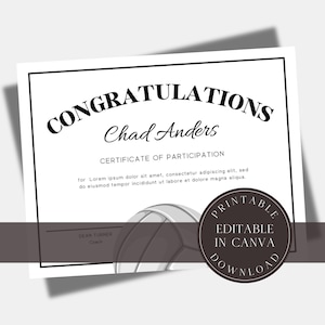 Editable Volleyball Awards Volleyball Award Certificate  Template Team Party Printable Volleyball Participation Award