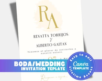 Plantilla de invitación de boda española, invitación editable en Canva, invitación de boda imprimible, descarga digital floral