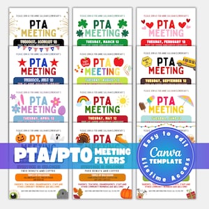 Editable Seasonal PTA PTO Meetings Flyer Bundle  Template Printable Handout School Year Event Volunteer Parent Teacher Meeting Agenda