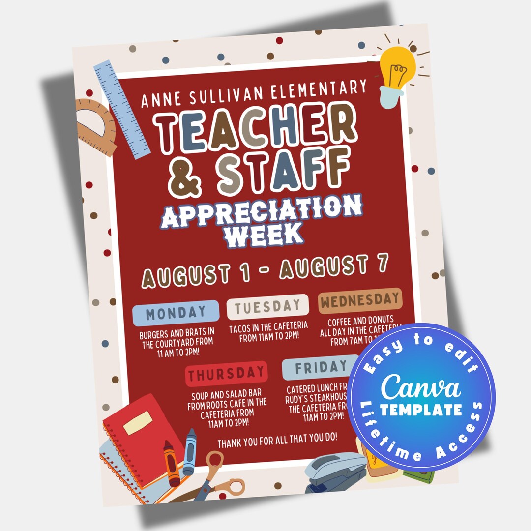 Editable Teacher Appreciation Week Itinerary Flyer Printable Event ...