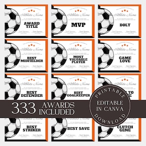 Puede incluir: Una colección de certificados de premios de fútbol con un borde naranja y un gráfico de balón de fútbol. Los certificados incluyen títulos como "Award Title", "MVP" y "Best Midfielder". También está presente el texto "333 Awards Included".