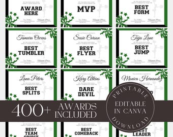 May include: Printable cheerleading award certificates in black, green and white with a silhouette of a cheerleader. The text on the certificates includes "Printable", "Editable in Canva", "Download", "400+ Awards Included", and various award titles such as "Best Tumbler", "Best Flyer", "Best Jump", and "Best Leader".