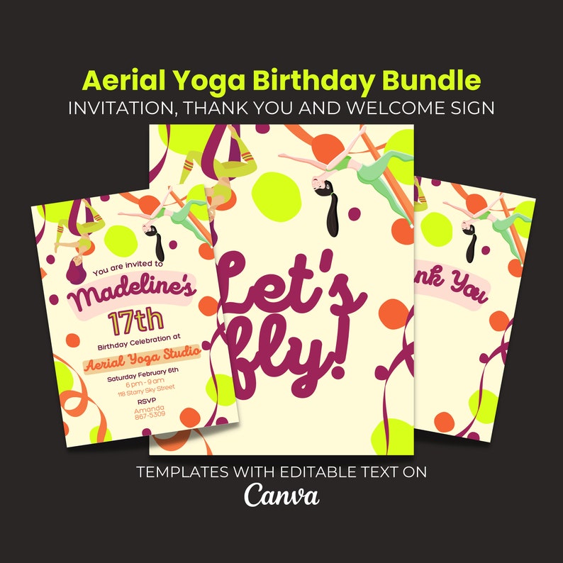 Editable Aerial Yoga Birthday Party Invitation, Aerial Silk Party