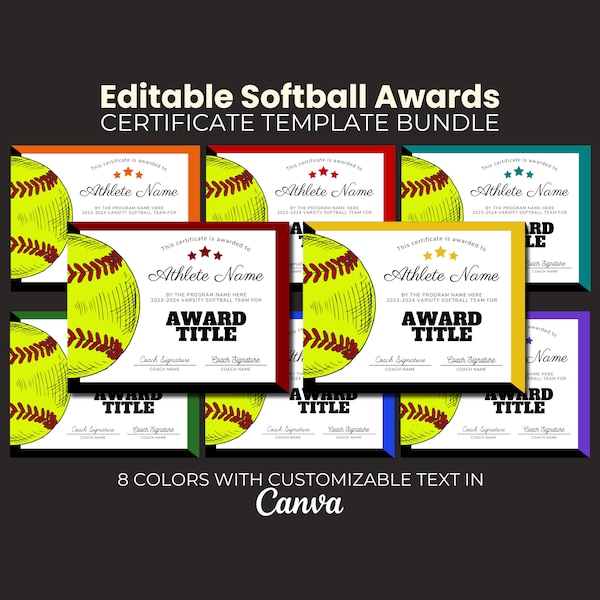Editable Softball Award Certificate Bundle,  Template, Team Party Printable, End of Season Baseball Awards, T-Ball Participation