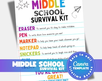 Middle school survival kit template, editable school survival printable, first day of school guide, teacher gift Canva