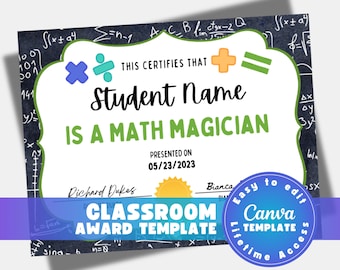 Math award certificate template, editable school certificate, elementary classroom student award, printable graduation award Canva