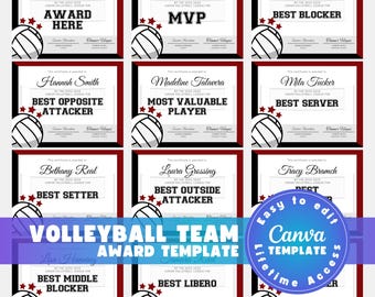 Plantilla editable de premios de voleibol, certificados de premio de voleibol personalizados, regalo para entrenadores de voleibol, Canva digital imprimible