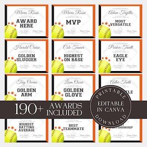 Editable Softball Awards Printable Softball Team Certificate Bundle Canva Template  Team Party Gift for Softball Player