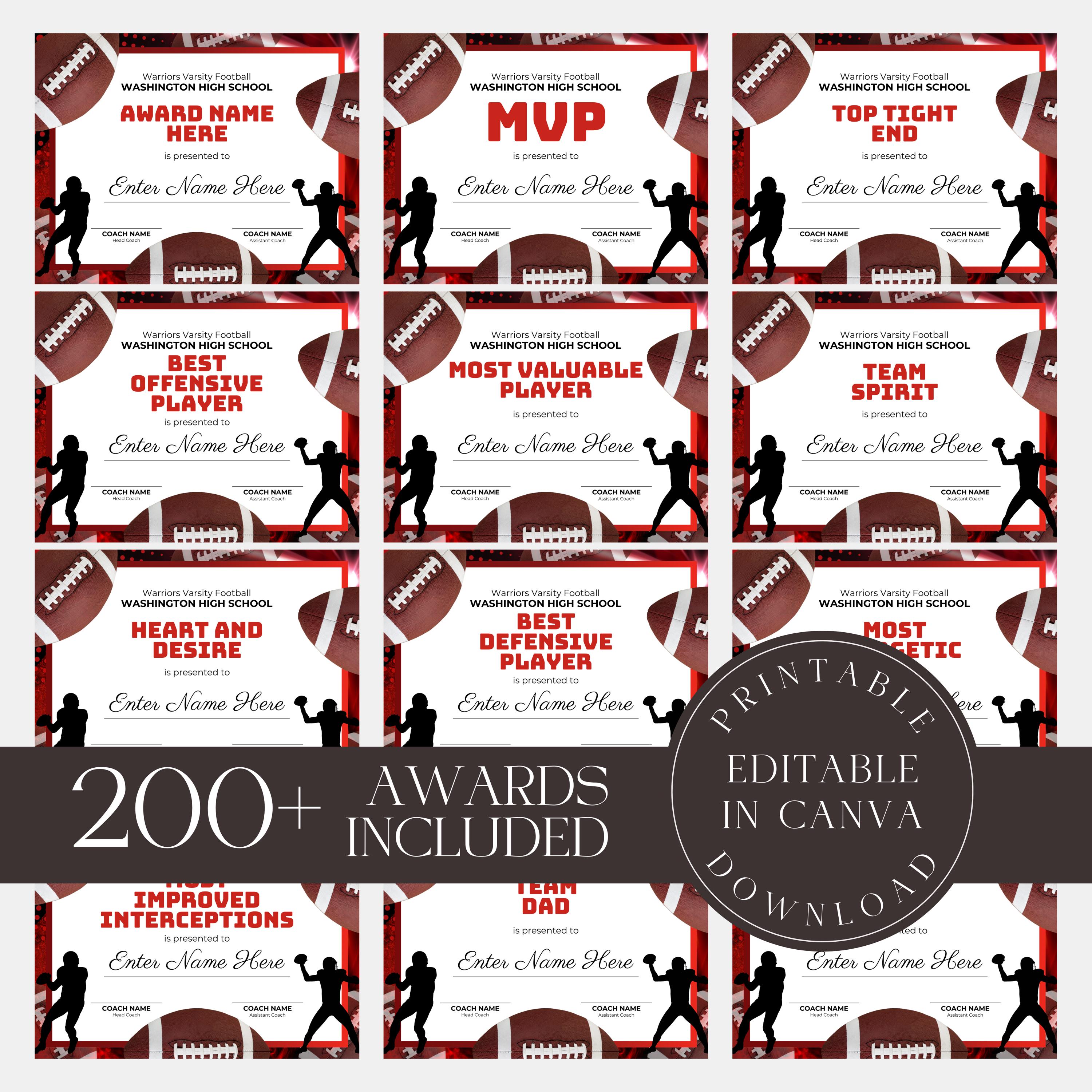 Editable Football Award Certificate Football Award Ceremony Certificate Bundle Team Party Award Printable Football Participation Award