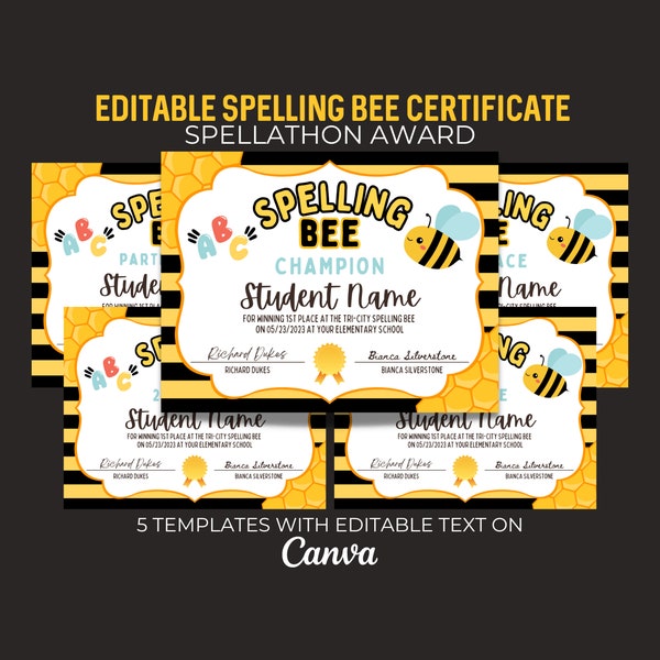 Editable Spelling Bee Certificates, Spelling Bee Printable Certificates, Spelling Awards, School Spelling Bee, Award Certificates, Canva