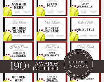 Softball Awards Bundle, Editable Softball Certificate Canva Template, Personalized Softball Team Award Templates, Sport Team Party Gifts