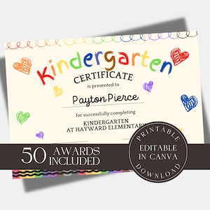 Premio de jardín de infantes editable, plantilla de certificado de premio de aula de primaria, premios de graduación imprimibles, premio de clase de estudiante