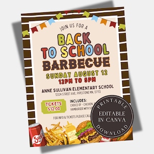 Bearbeitbare Back to School Barbecue Flyer Vorlage Druckbare Back to School BBQ Jahresbeginn Schule Fundraiser Poster PTO PTA Flyer