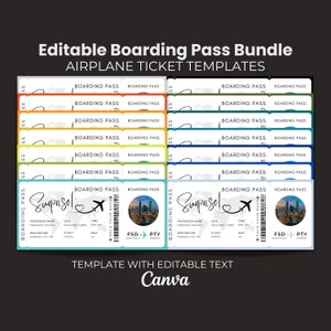 Paquete de plantillas de tarjeta de embarque editables, plantilla de boleto imprimible, invitación sorpresa, boletos de vacaciones, plantilla de Canva para boletos de avión