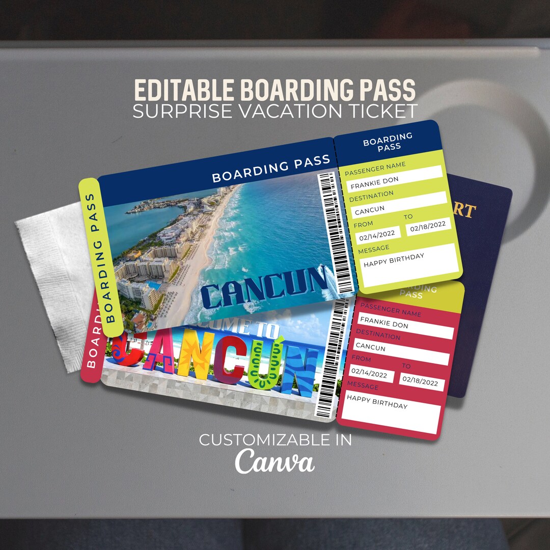 Editable Boarding Pass Cancun Vacation Printable Ticket Etsy