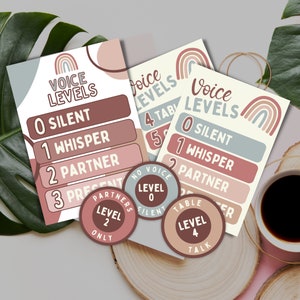 Editable Boho Rainbow Voice Level Chart Noise Level Poster and Handouts Classroom Management Decor  and Printable PNG + PDF