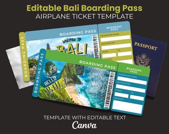 Tarjeta de embarque editable, plantilla de boleto imprimible de vacaciones en Bali, invitación sorpresa, boletos de vacaciones, boleto de avión, personalizado