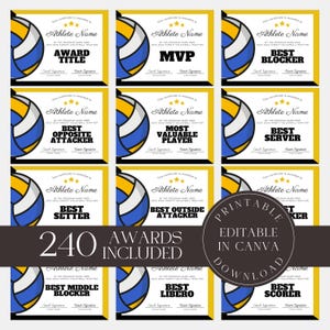 Editable Volleyball Awards Bundle Volleyball Certificates Printable Team Party Certificates Volleyball Participation Yellow