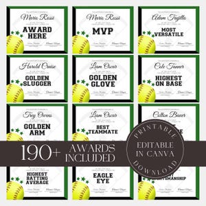 Editable Softball Awards Printable Softball Team Certificate Bundle Canva Template  Team Party Gift for Softball Player