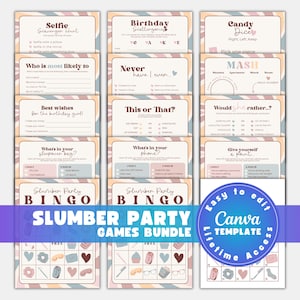 Editable Slumber Party Games Bundle + BINGO Girls Sleepover Games Tween Birthday Party Games Bundle Cute BOHO Canva Template