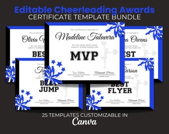 Editable Cheerleading Certificate, Cheer Squad Team Party Awards, Printable Cheer Award, Cheerleading Awards,  Template Blue