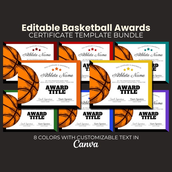 End of Season Basketball Awards, Editable Basketball Award Certificate Bundle,  Template, Team Party Printable, Kids Basketball Mixed