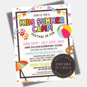Bearbeitbare Sommer Spaß Camp Flyer Vorlage Schule Sommerpause Festival Thema Poster Schulaktivität Frühlingsferien PTA PTO Fundraiser