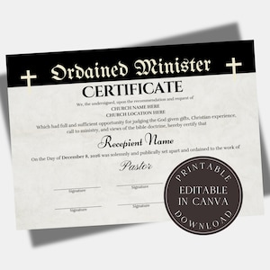 Editable Certificate of Ordination  Template Ministry Certificate Ordained Minister Digital Download Credential of Ministry
