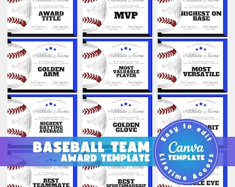 Baseball Awards Bundle, Editable Baseball Certificate Canva Template, Personalized Baseball Team Award Templates, Sport Team Party Gifts