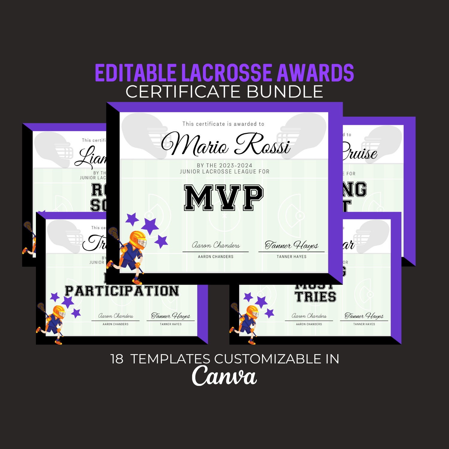 Editable Lacrosse Award Certificate Bundle Canva Template Etsy