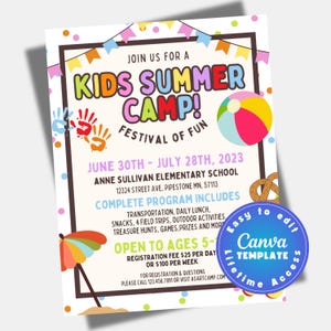 Summer Camp Flyer Template: School Festival, PTA Fundraiser (Canva Editable PDF)