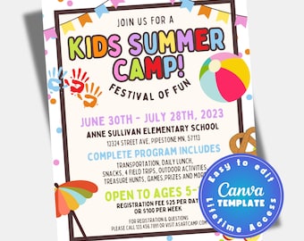 Summer camp flyer template, school festival flyer, PTA fundraiser printable, editable Canva PDF