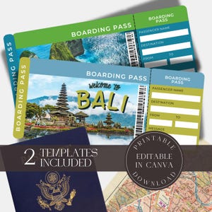 Modèle modifiable de carte d'embarquement pour Bali Modèle Canva de billet imprimable pour les vacances à Bali Invitation surprise Billets de vacances Billet d'avion