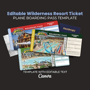 Tarjeta de embarque editable para Wilderness Resort Wisconsin Dells, plantilla de boleto imprimible de Canva, invitación sorpresa, boletos de vacaciones, aerolínea