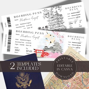 Tarjeta de embarque sorpresa de Tokio editable, plantilla imprimible de boleto de Japón en Canva, invitación sorpresa, boletos de avión para vacaciones, personalizados