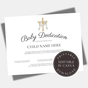 Certificado de Dedicación Editable Plantilla de Certificado de Bautismo Certificado de Dedicación Bautizo de Bebé Iglesia Dedicación de Niño