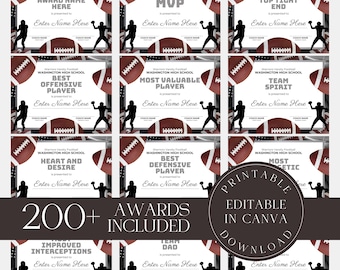 Editable Football Awards Template, Custom Football Award Certificates, American Football Team Gift for Team Coach, Printable Digital Canva