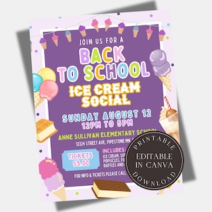 Editable Back to School Ice Cream Social Flyer Printable Back to School Sign Start of the Year School Fundraiser Poster PTO PTA Flyer