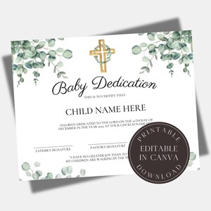 Certificado de Dedicación Editable Plantilla de Certificado de Bautismo Certificado de Dedicación Bautizo de Bebé Iglesia Dedicación de Niño