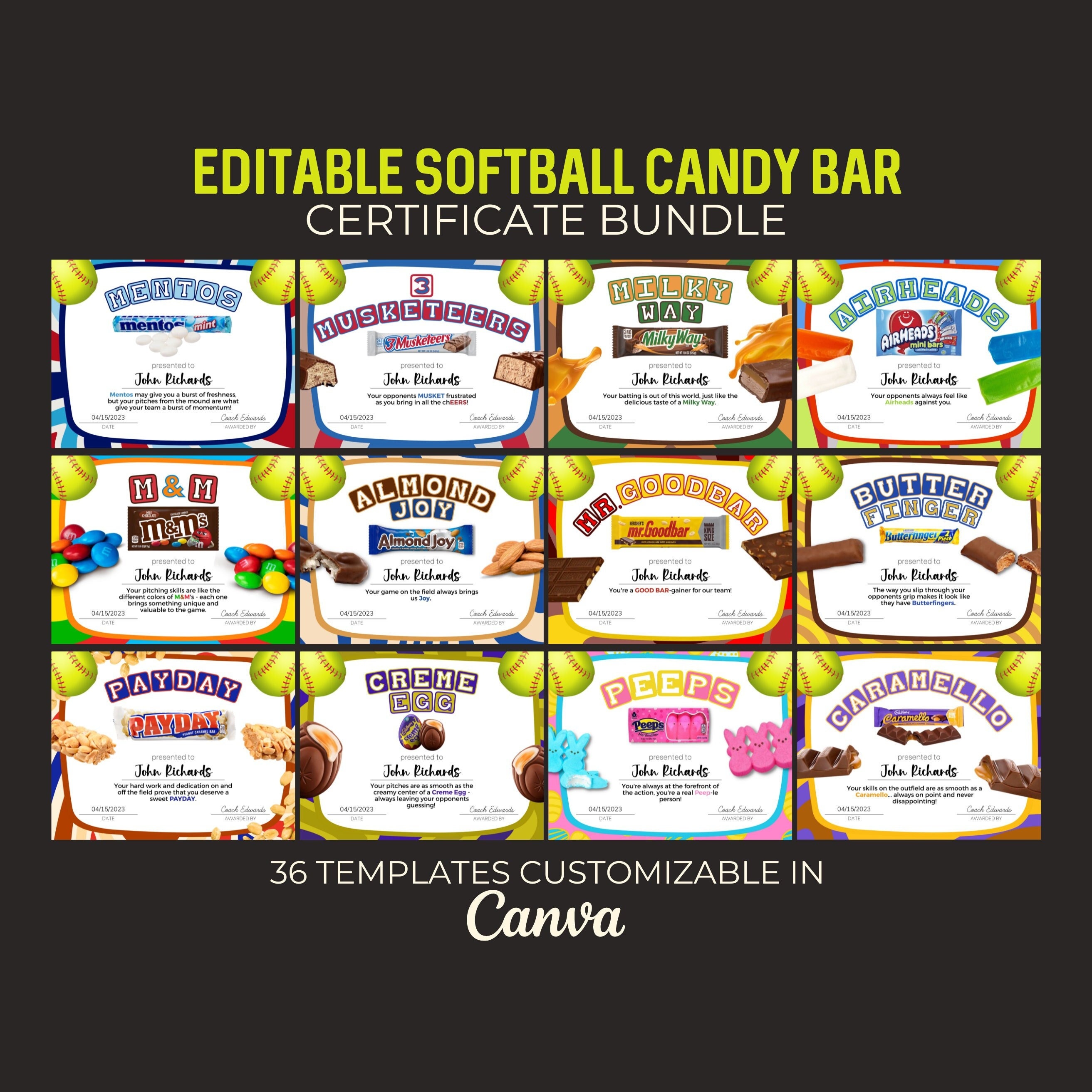 Editable Softball Candy Bar Award Certificate Bundle Editable Etsy