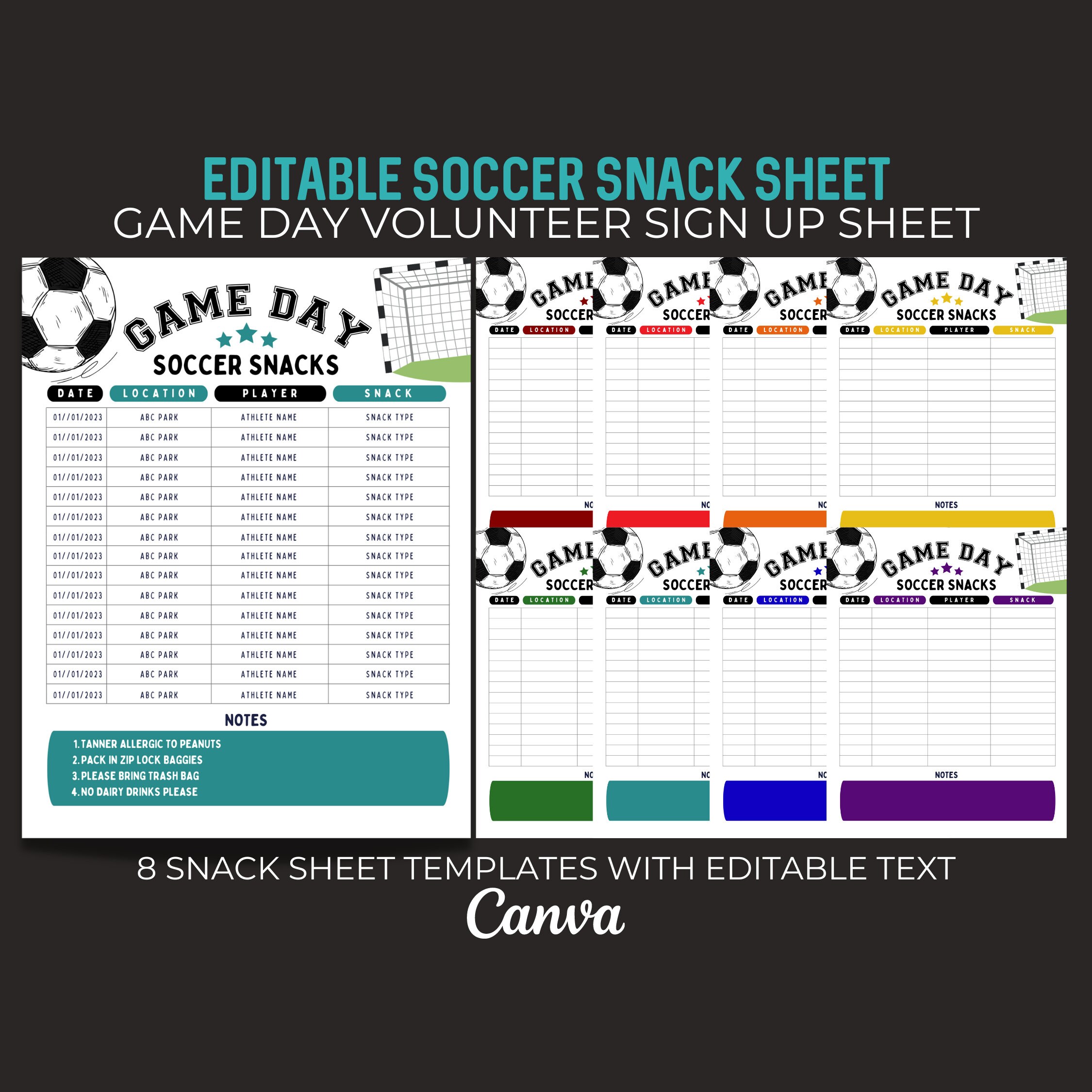 Editable Soccer Snack Sign up Sheet Game Day Schedule Canva Etsy