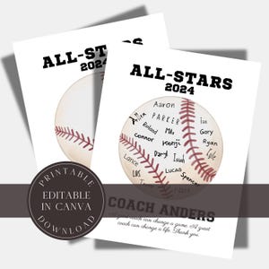 Regalo di apprezzamento per l'allenatore modificabile, biglietto di ringraziamento per l'allenatore di baseball, cartello stampabile per baseball, modello Canva personalizzato, premi per la squadra di baseball