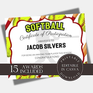 Editable Softball Awards Printable Softball Team Certificate Bundle Canva Template  Team Party Gift for Softball Player