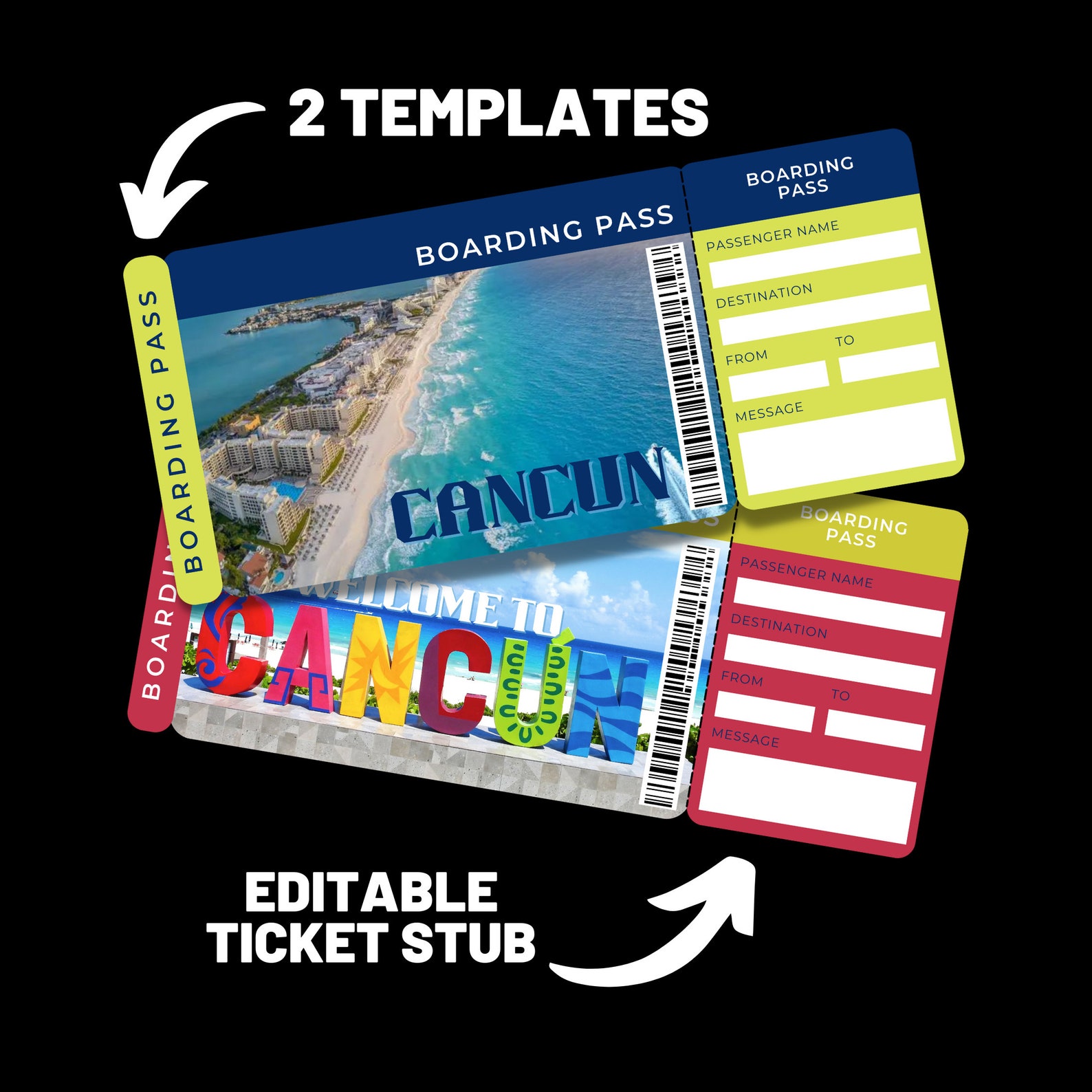 Editable Boarding Pass, Cancun Vacation Printable Ticket Canva Template
