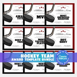 Editable Hockey Certificate Awards Template, 40 Award Certificates in 8 Colors, Ice Hockey Team Awards, Coach End of Season Canva Bundle