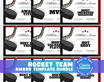 Editable Hockey Certificate Awards Template, 40 Award Certificates in 8 Colors, Ice Hockey Team Awards, Coach End of Season Canva Bundle